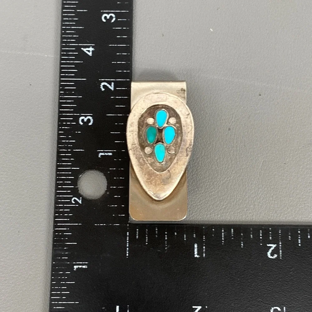 Vintage Southwestern Native Style Sterling Silver Turquoise Inlay Money Clip